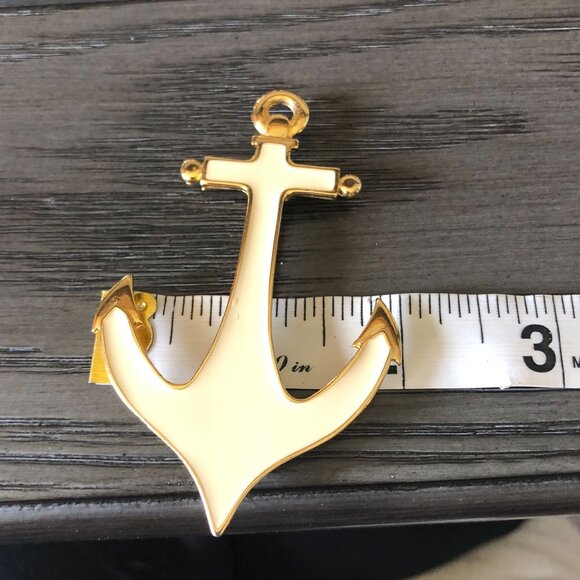 Sea Sailboat Anchor Brooch Pin Gold Tone Ivory Enamel Nautical Costal Cruise Wea - Picture 5 of 5